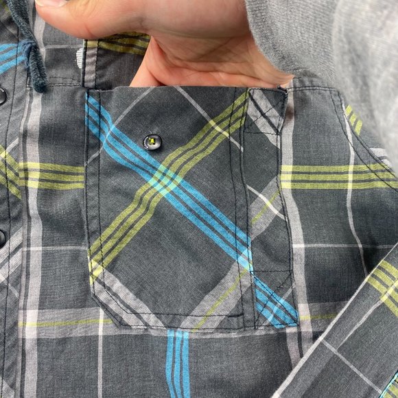 Burnside LMT Edition Shirt Men Medium Gray Blue Yellow Plaid Hooded Hoodie Surf - Picture 5 of 9